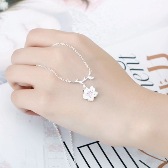 925 Sterling Silver Cherry Blossom Branch Necklace - Picture 2 of 4